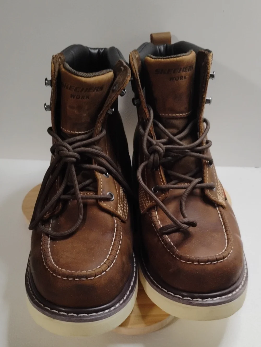 Skechers Brown Leather Work Boots with Cream Sole